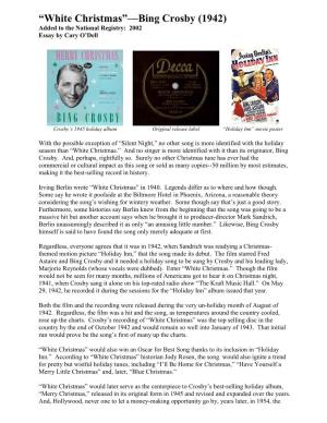 “White Christmas”—Bing Crosby (1942) Added to the National Registry: 2002 Essay by Cary O’Dell