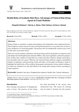 Health Risks of Synthetic Hair Dyes; Advantages of Natural Hair Dying Agents in Unani Medicine