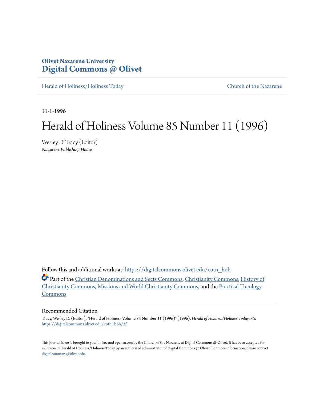 Herald of Holiness Volume 85 Number 11 (1996) Wesley D