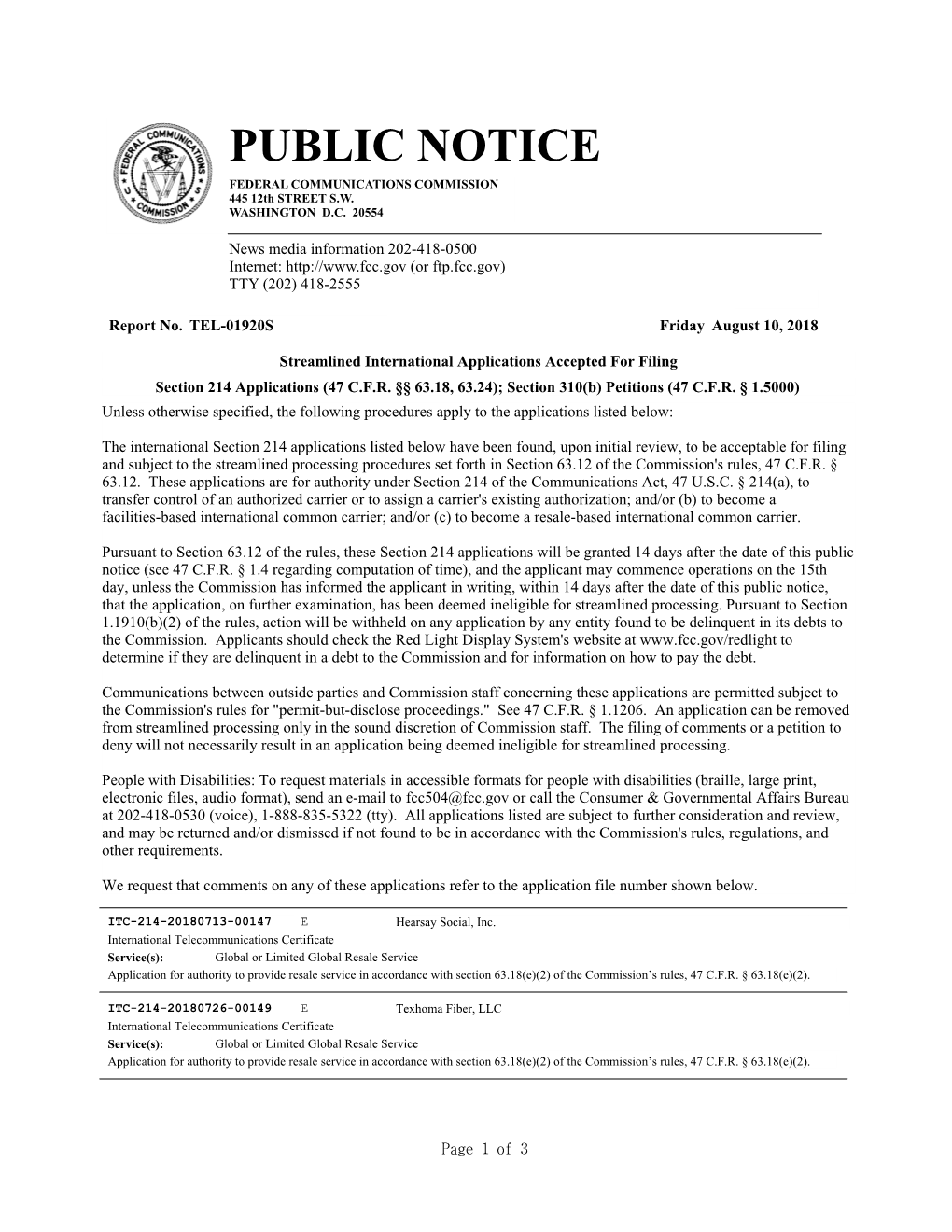 PUBLIC NOTICE FEDERAL COMMUNICATIONS COMMISSION 445 12Th STREET S.W