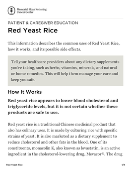 Red Yeast Rice | Memorial Sloan Kettering Cancer Center
