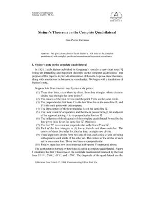 Steiner's Theorems on the Complete Quadrilateral