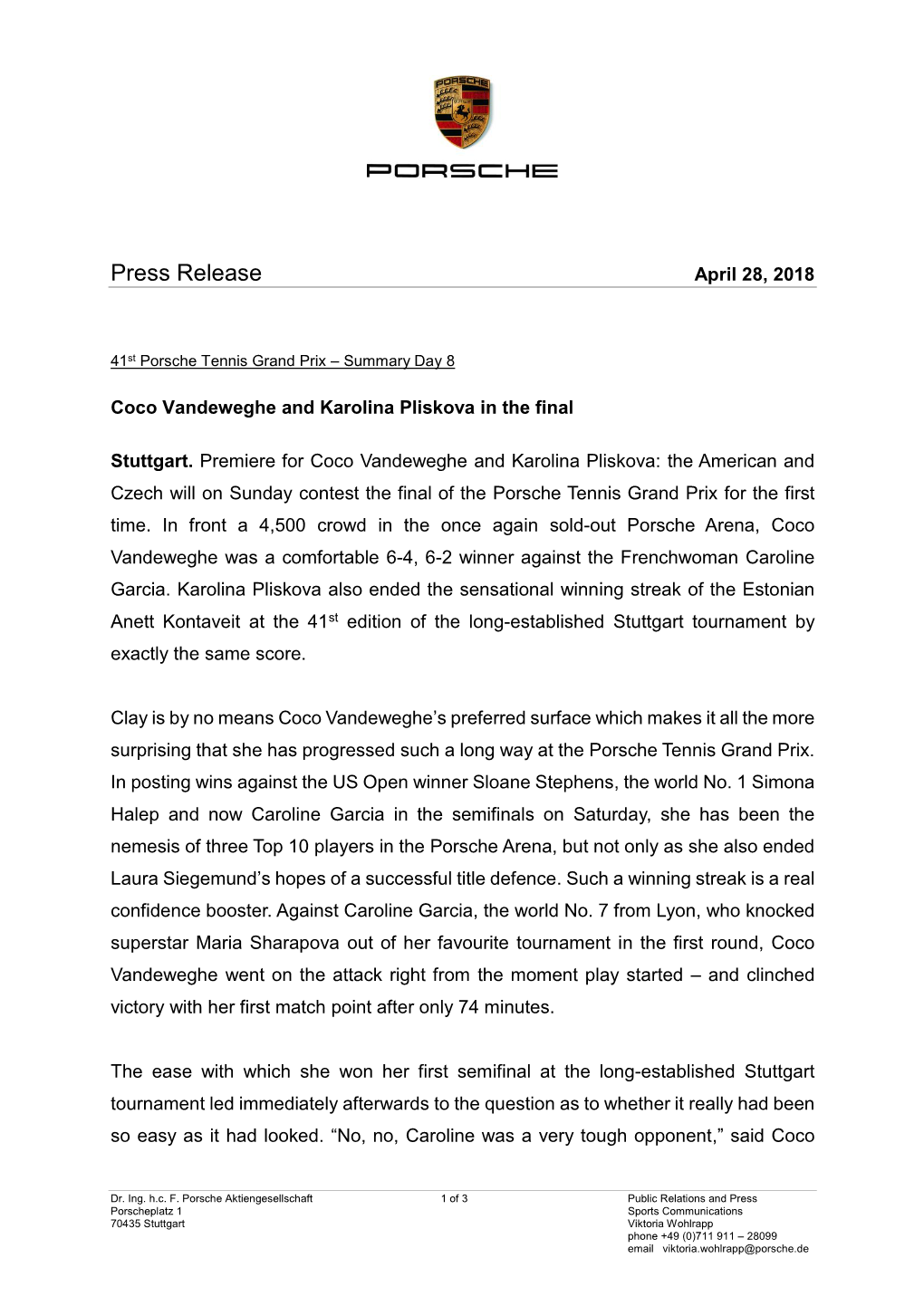 Press Release April 28, 2018