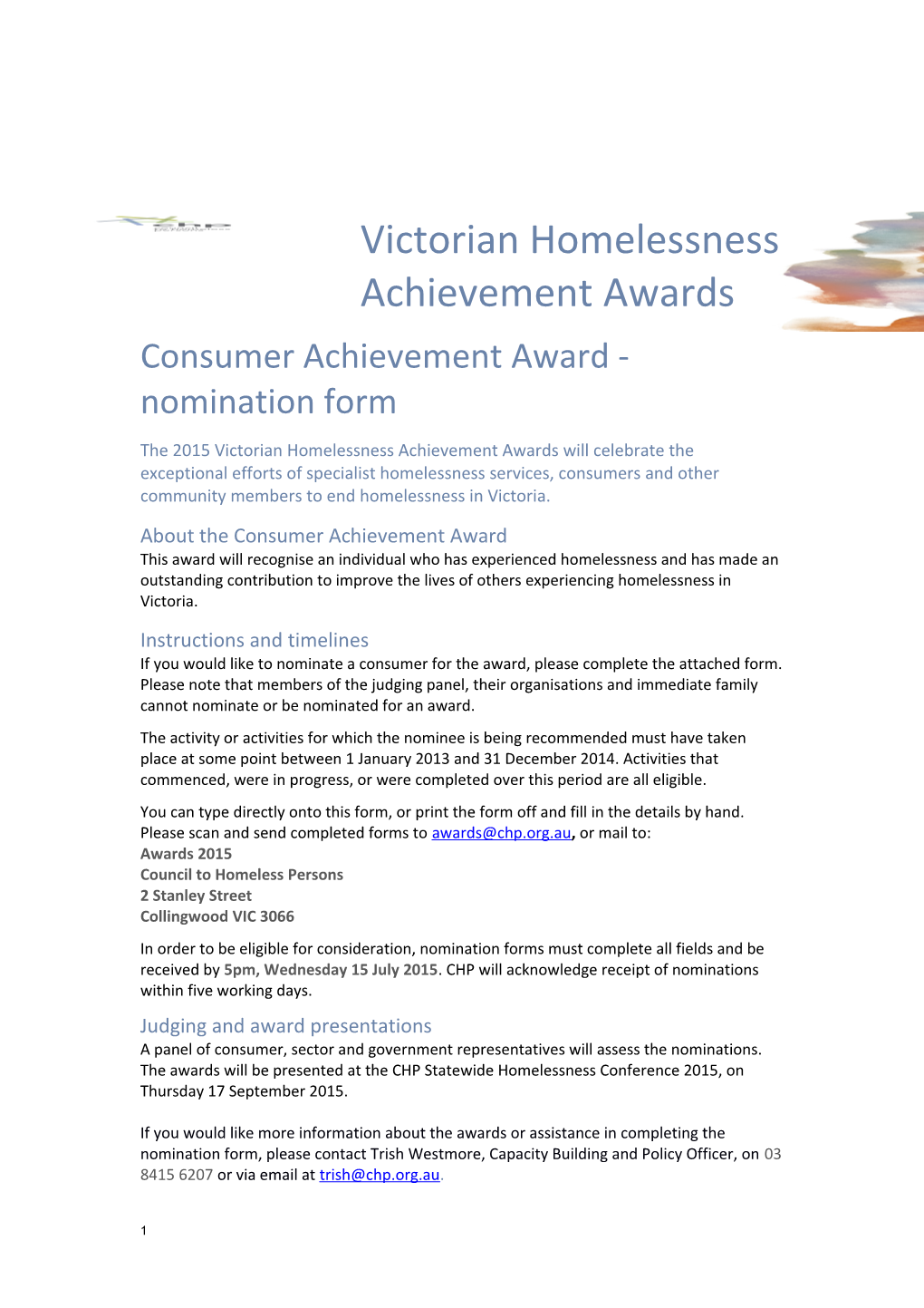 Consumer Achievement Award - Nomination Form