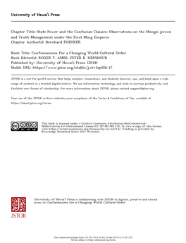 State Power and the Confucian Classics: Observations on the Mengzi Jiewen and Truth Management Under the First Ming Emperor Chapter Author(S): Bernhard FUEHRER
