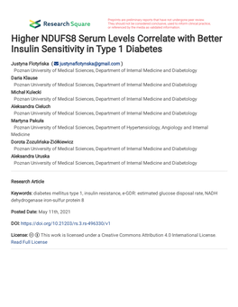 Higher NDUFS8 Serum Levels Correlate with Better Insulin Sensitivity in Type 1 Diabetes