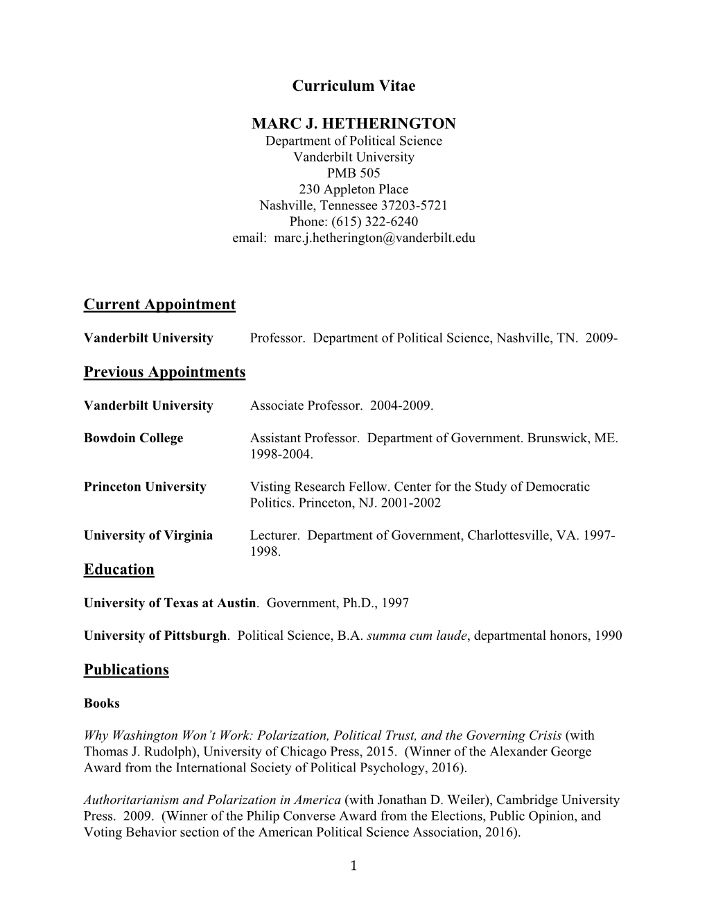 Curriculum Vitae MARC J. HETHERINGTON Current