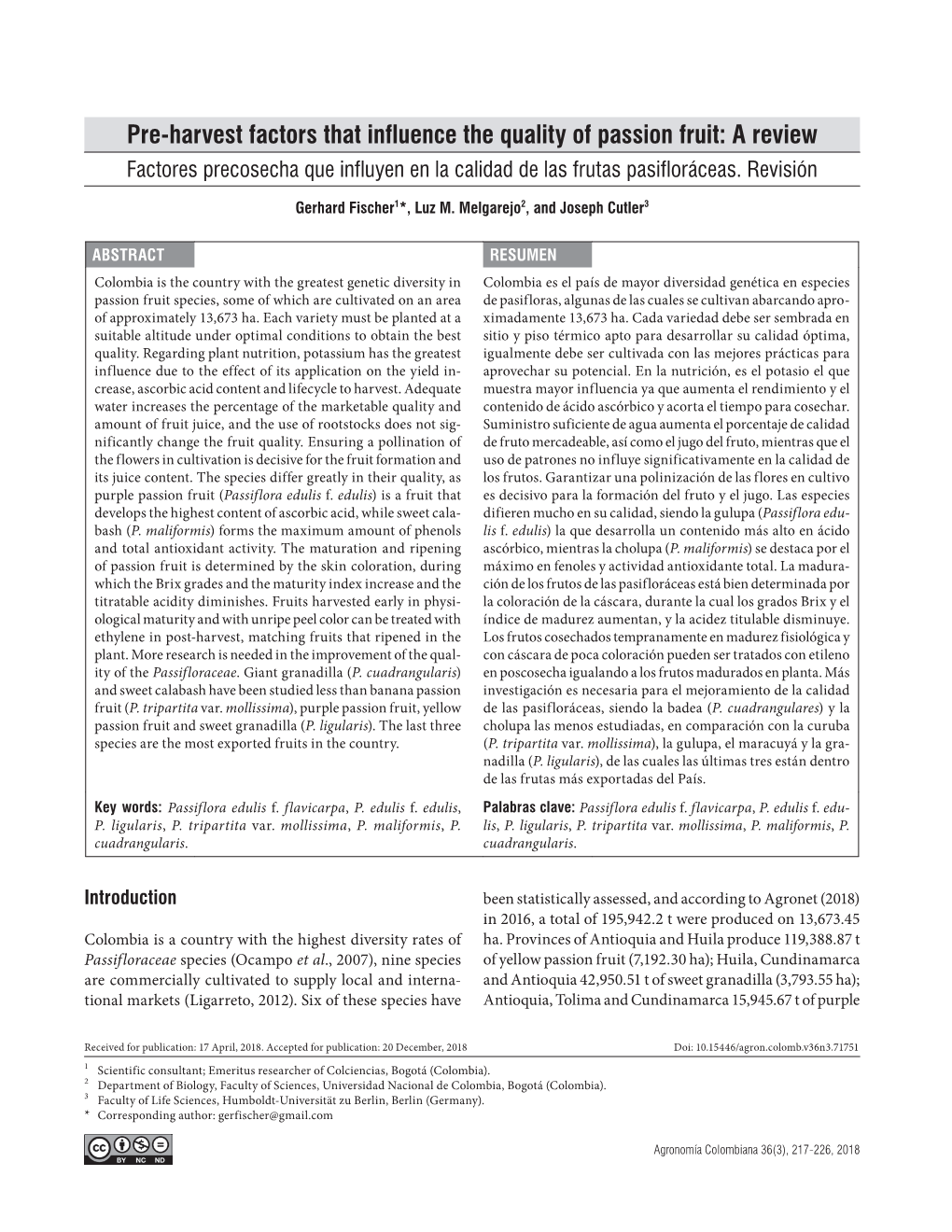 Pre-Harvest Factors That Influence the Quality of Passion Fruit: a Review Factores Precosecha Que Influyen En La Calidad De Las Frutas Pasifloráceas