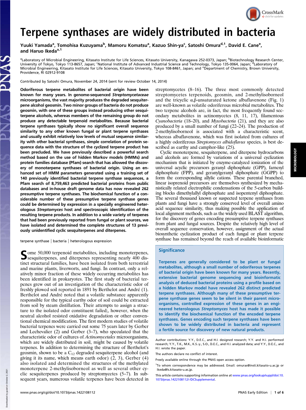 Terpene Synthases Are Widely Distributed in Bacteria