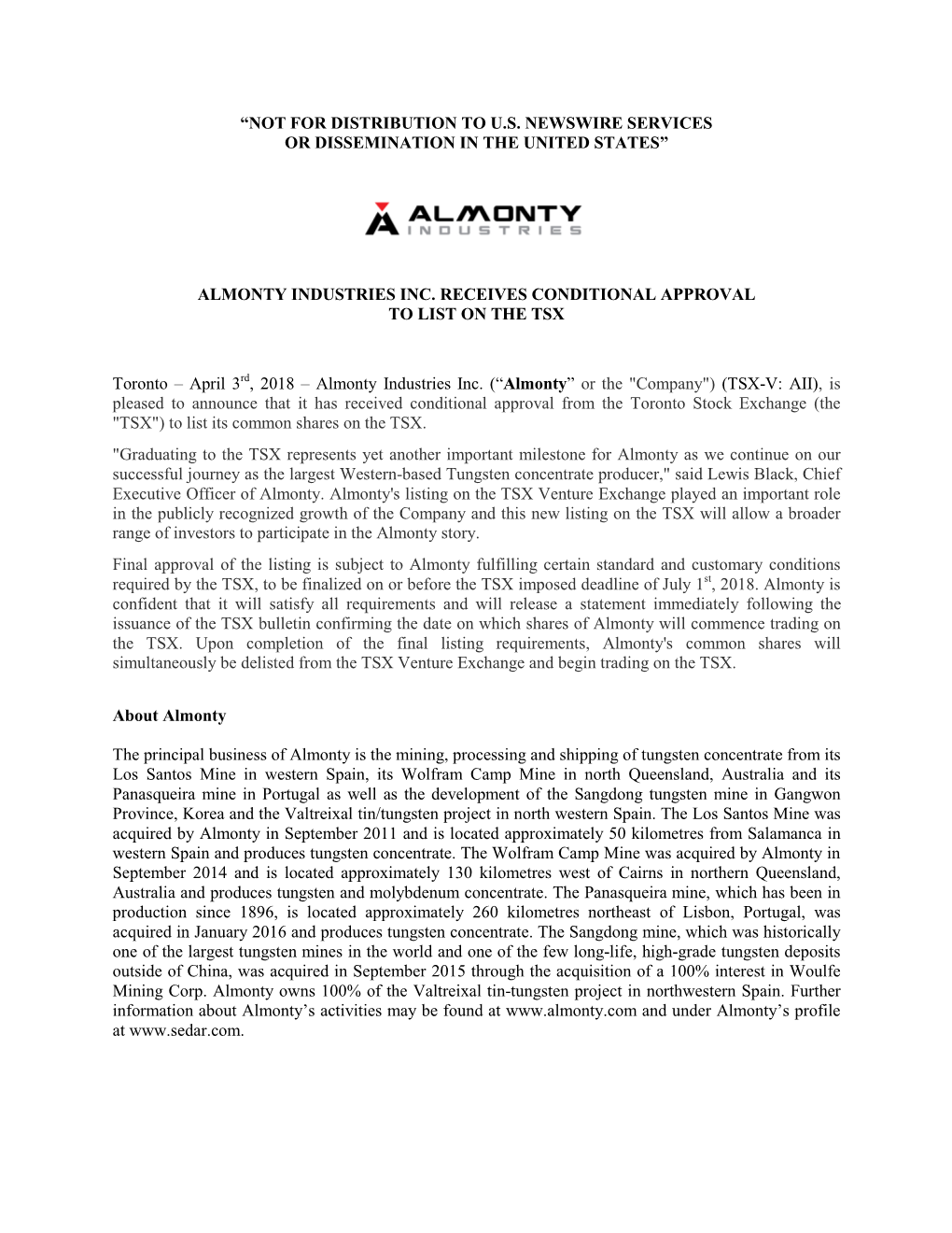 Almonty Industries Inc. Receives Conditional Approval to List on the Tsx