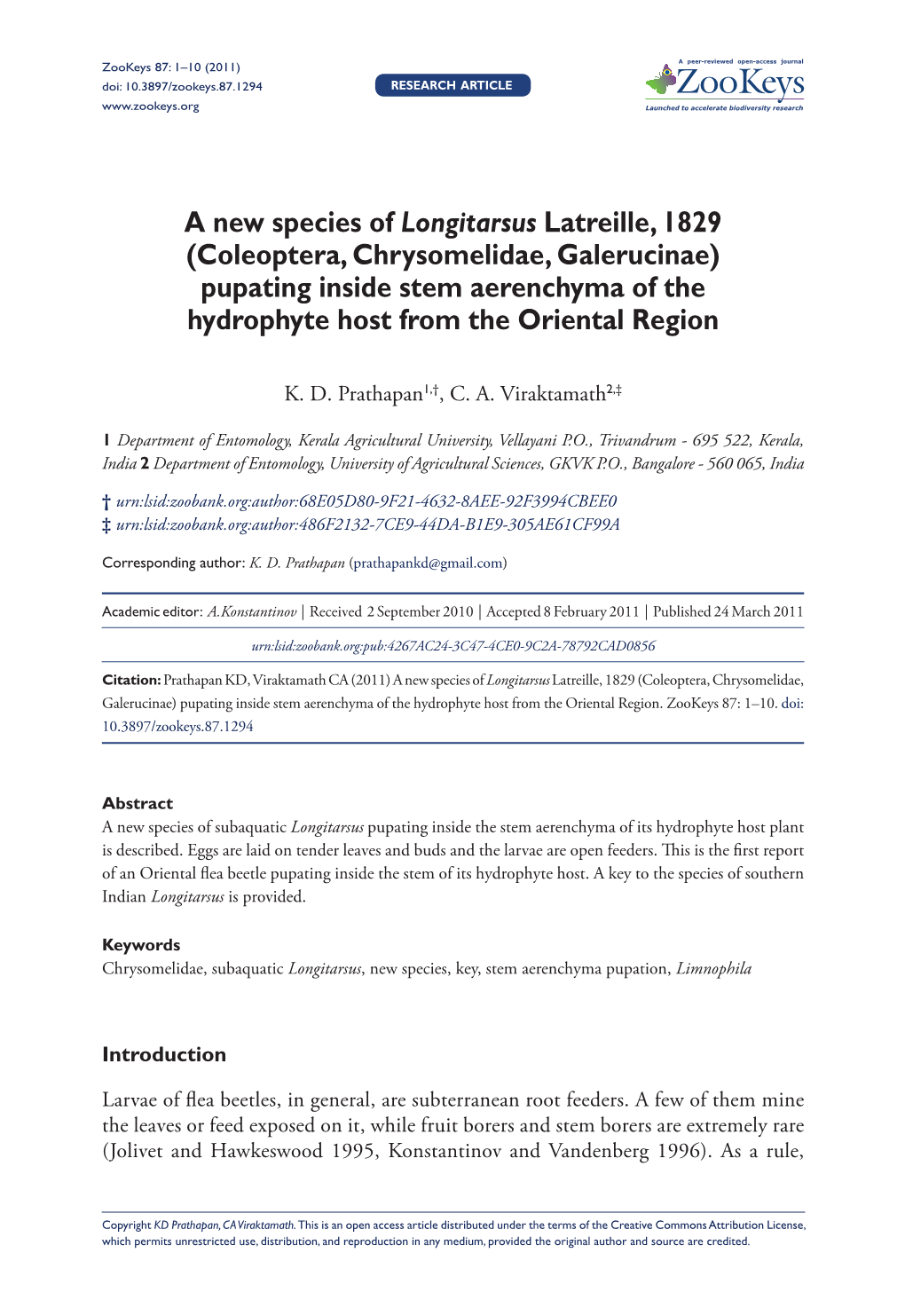 A New Species of Longitarsus Latreille, 1829 (Coleoptera, Chrysomelidae, Galerucinae) Pupating Inside Stem Aerenchyma of the Hydrophyte Host from the Oriental Region