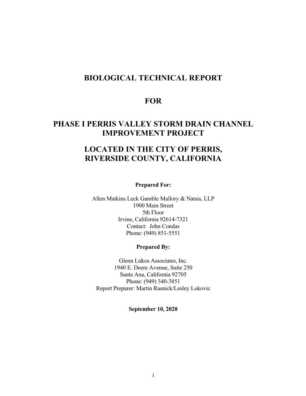 Biological Technical Report for Phase I Perris Valley