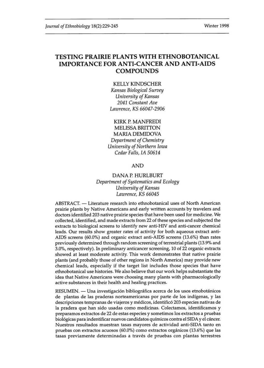 Testing Prairie Plants with Ethnobotanical Importance for Anti·Cancer and Anti·Aids Compounds