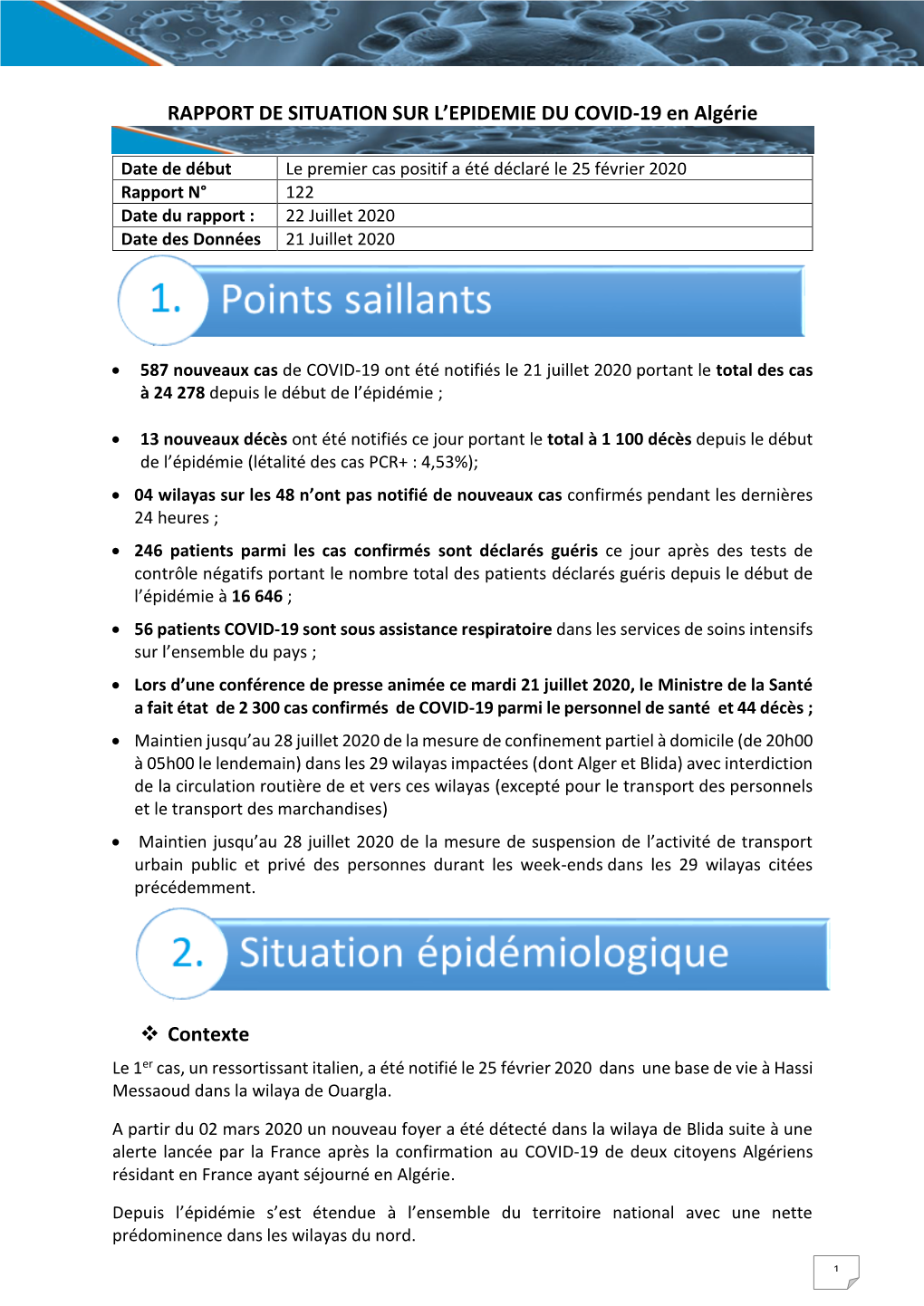 RAPPORT DE SITUATION SUR L'epidemie DU COVID-19 En Algérie Contexte