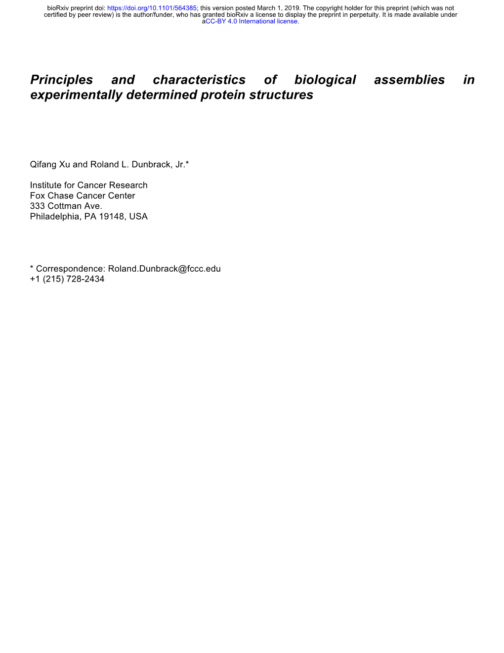 Principles and Characteristics of Biological Assemblies in Experimentally Determined Protein Structures