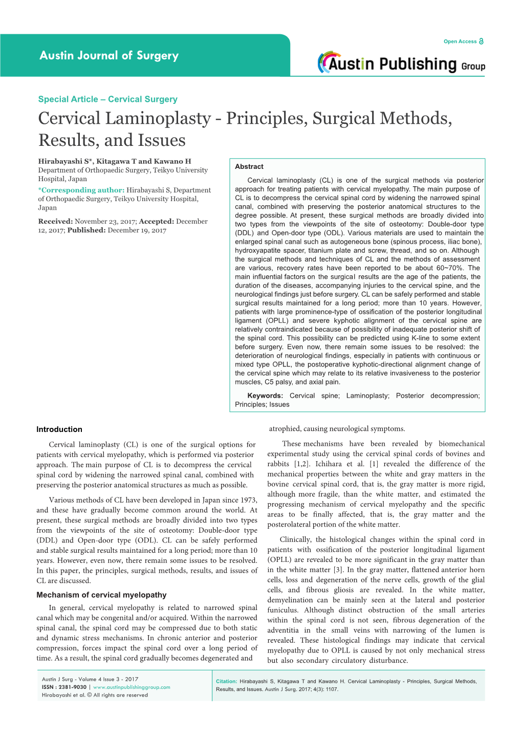 Cervical Laminoplasty - Principles, Surgical Methods, Results, and Issues