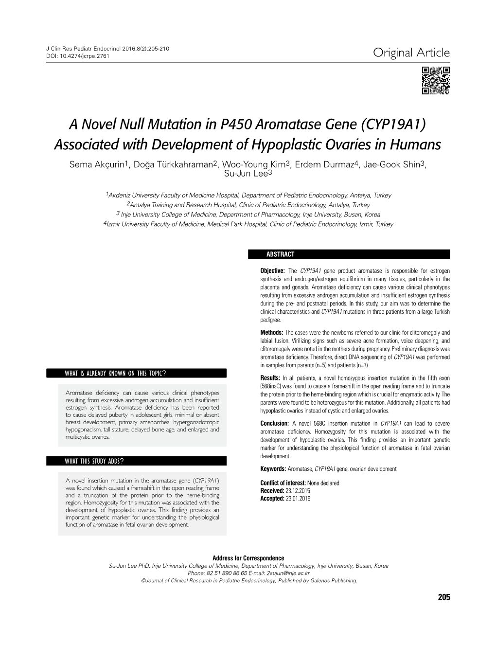 A Novel Null Mutation in P450 Aromatase Gene (CYP19A1