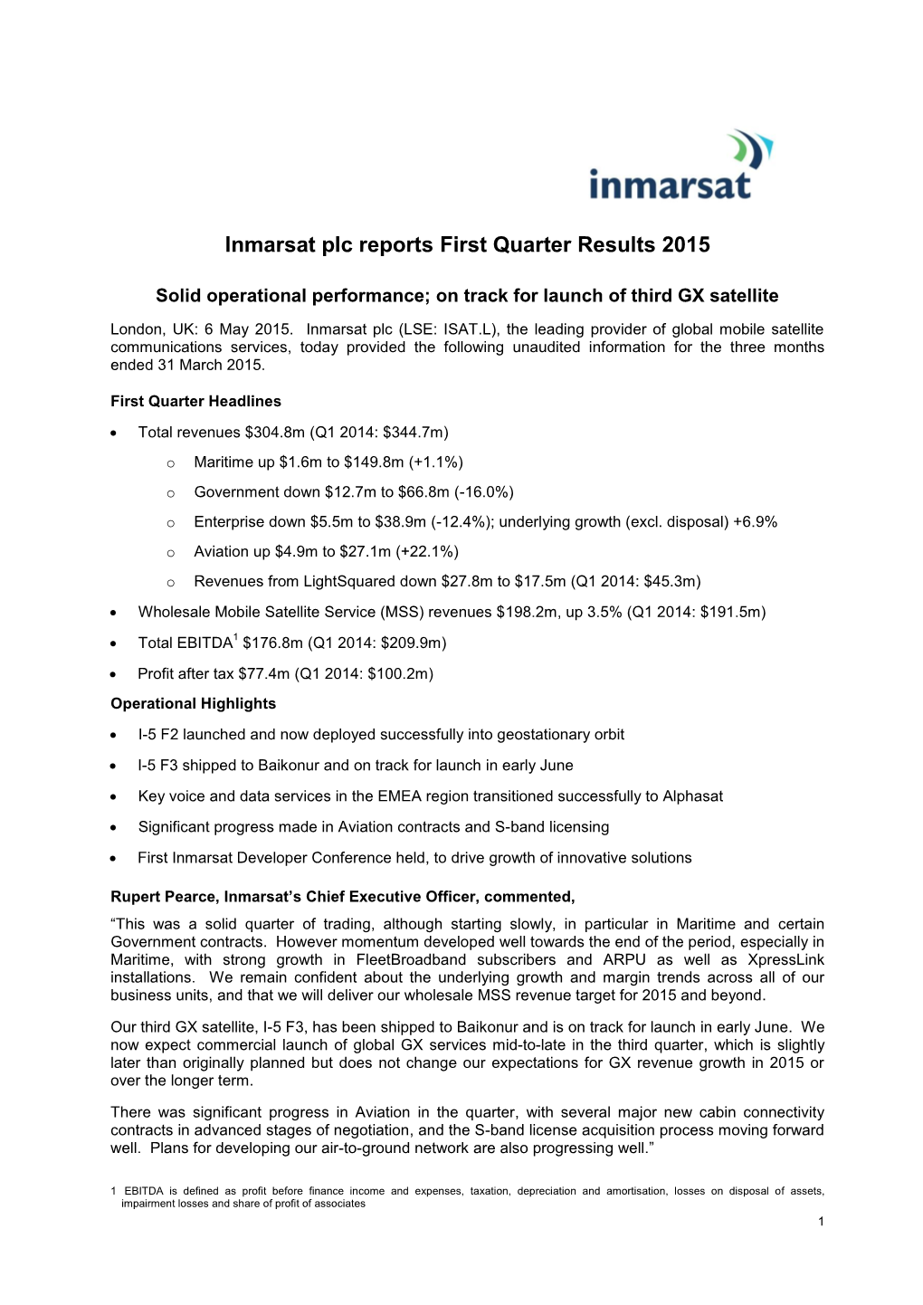 Inmarsat Plc Reports First Quarter Results 2015