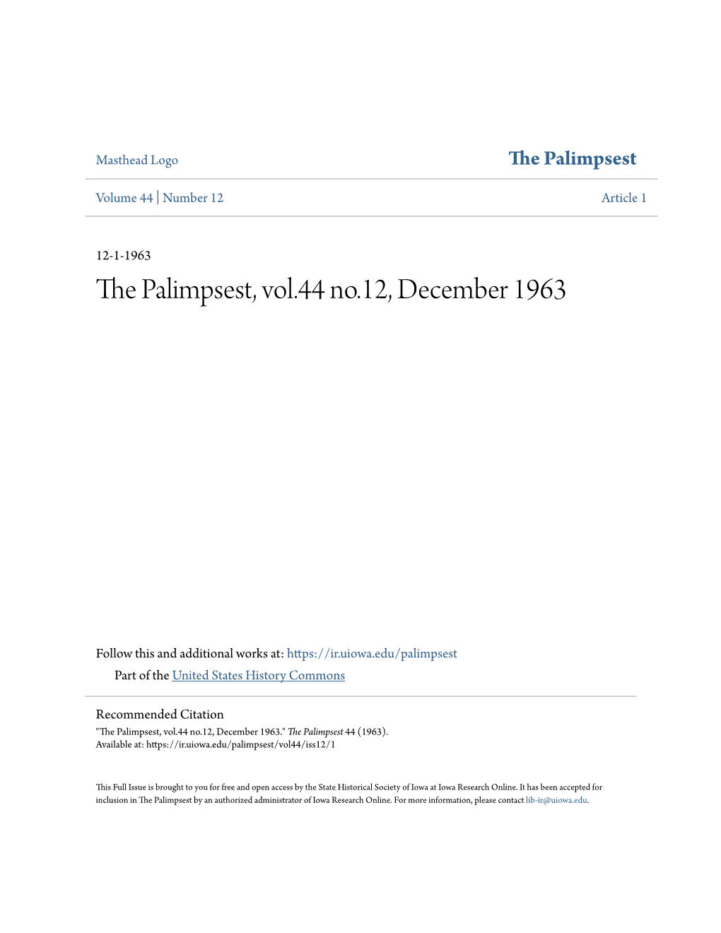 The Palimpsest, Vol.44 No.12, December 1963
