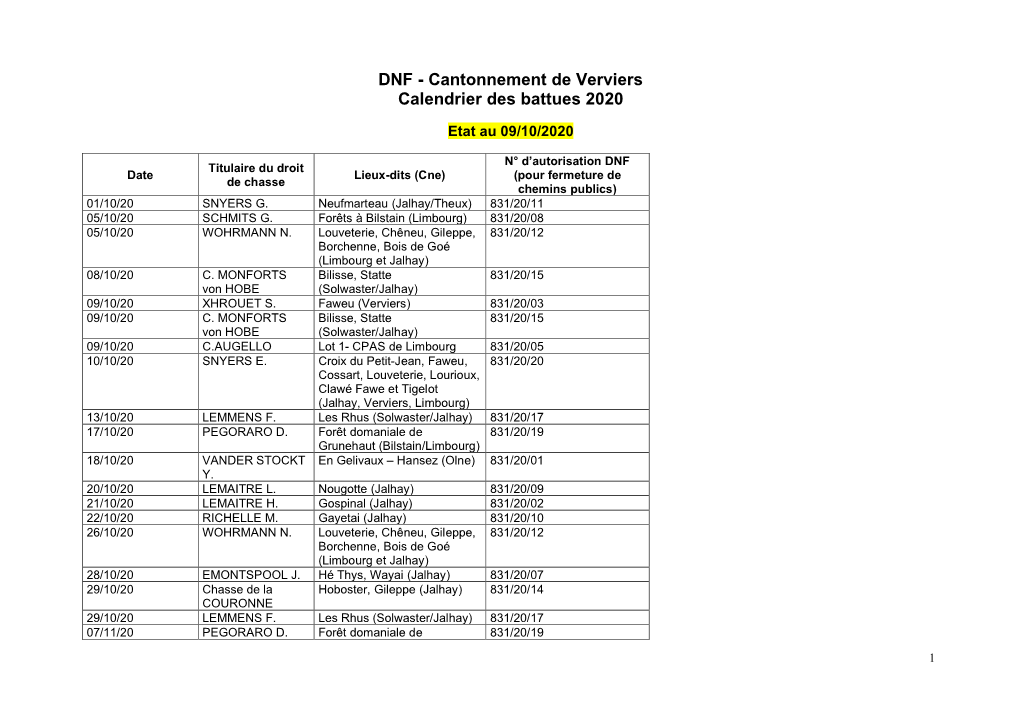 DNF - Cantonnement De Verviers Calendrier Des Battues 2020