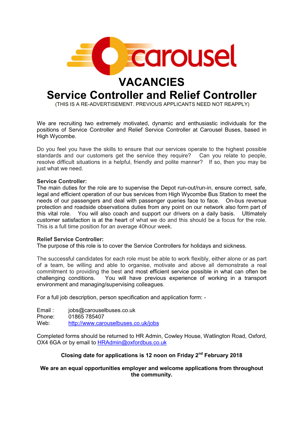 VACANCIES Service Controller and Relief Controller (THIS IS a RE-ADVERTISEMENT