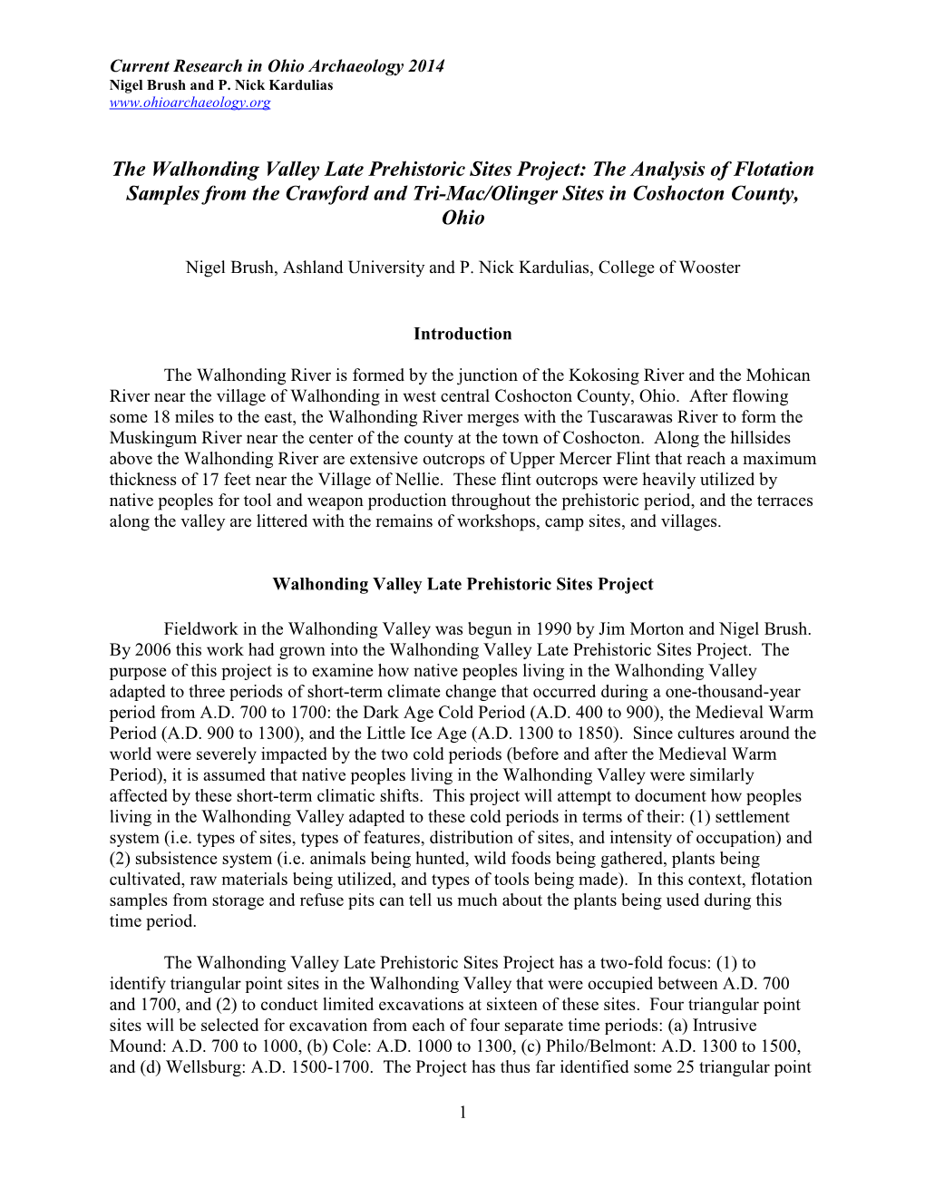 The Walhonding Valley Late Prehistoric Sites Project: the Analysis of Flotation Samples from the Crawford and Tri-Mac/Olinger Sites in Coshocton County, Ohio