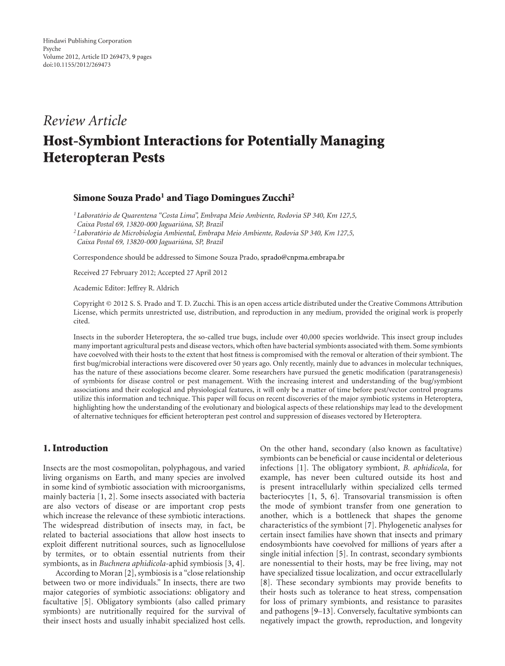 Review Article Host-Symbiont Interactions for Potentially Managing Heteropteran Pests