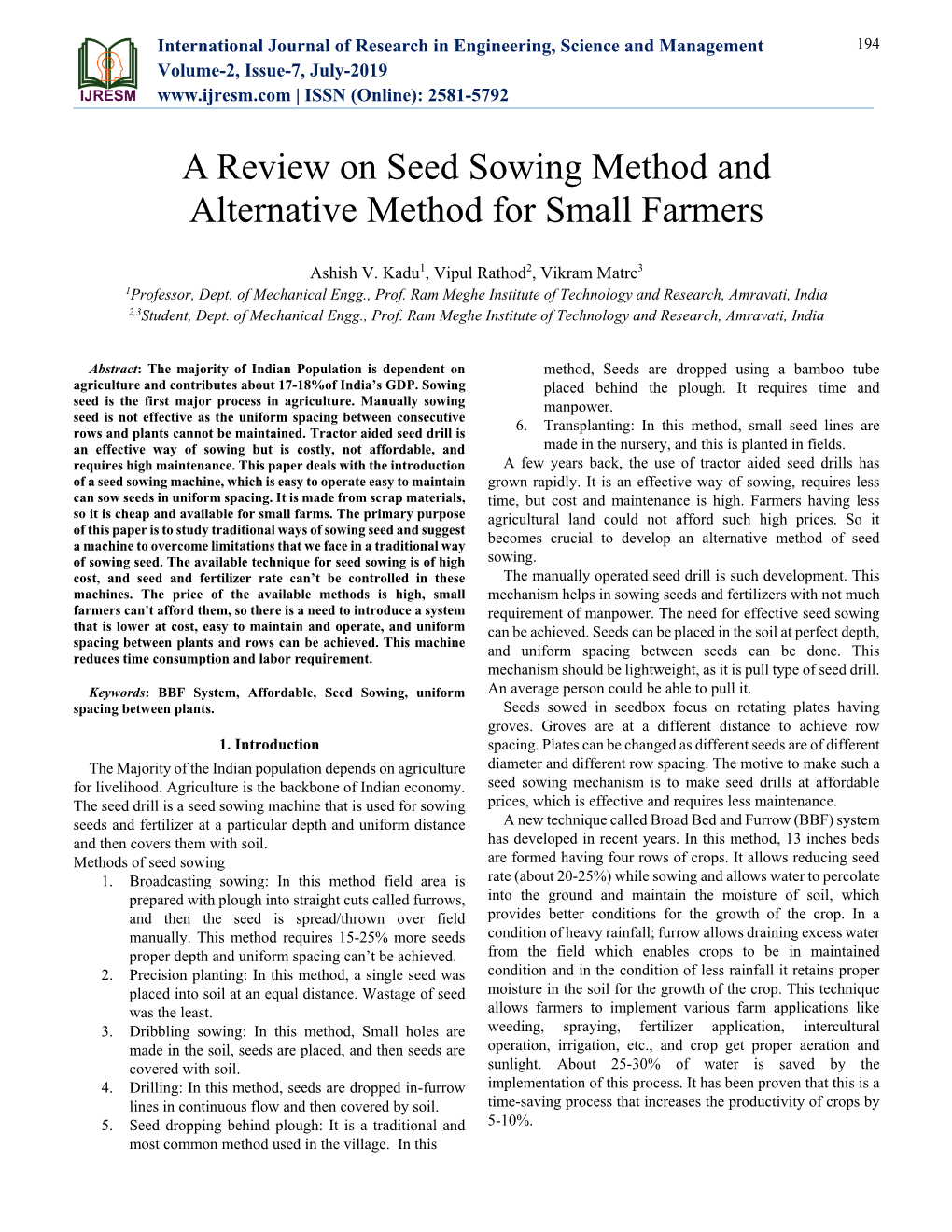 A Review on Seed Sowing Method and Alternative Method for Small Farmers