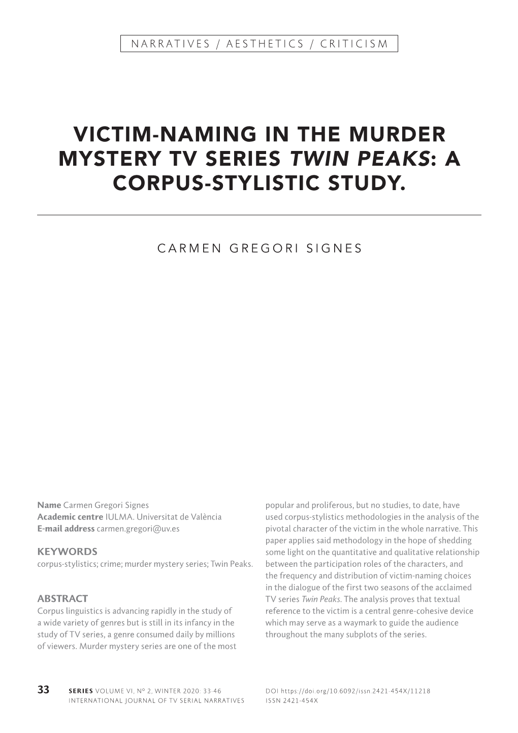 Victim-Naming in the Murder Mystery Tv Series Twin Peaks: a Corpus-Stylistic Study