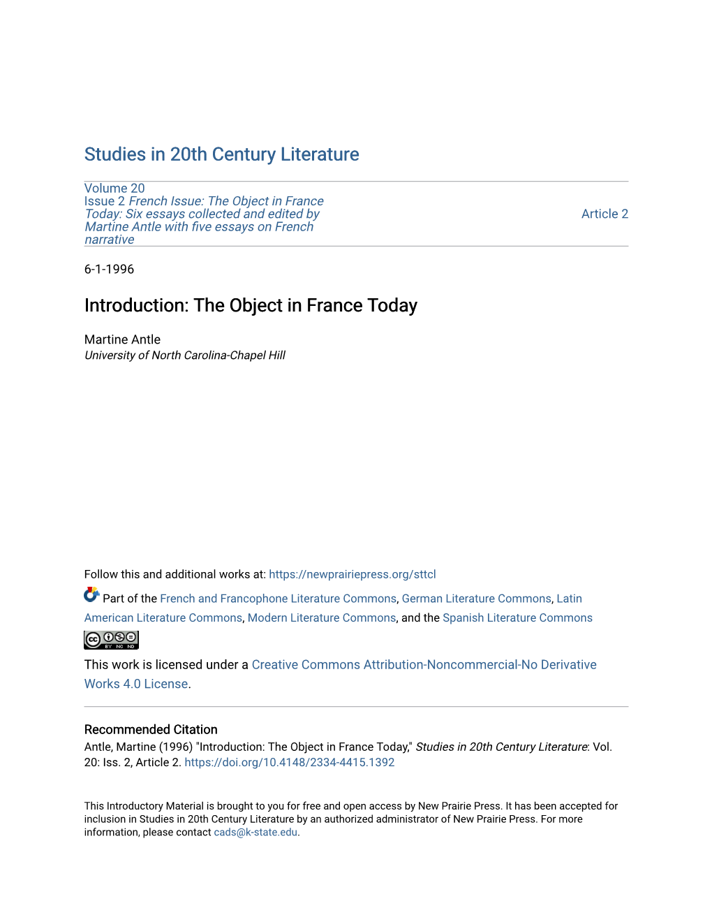 The Object in France Today: Six Essays Collected and Edited by Article 2 Martine Antle with Five Essays on French Narrative