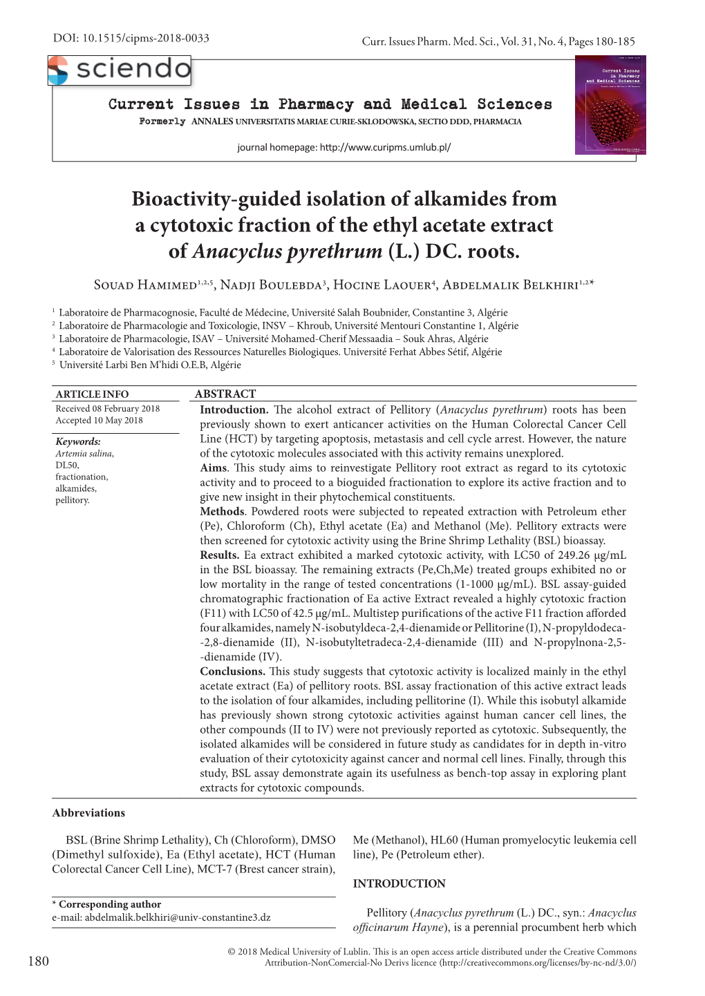 Bioactivity-Guided Isolation of Alkamides from a Cytotoxic Fraction of the Ethyl Acetate Extract of Anacyclus Pyrethrum (L.) DC