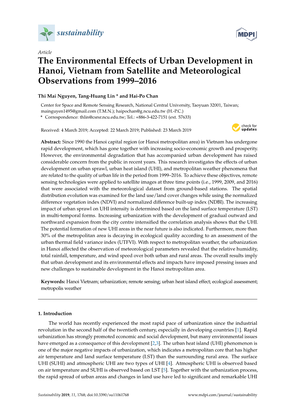 The Environmental Effects of Urban Development in Hanoi, Vietnam from Satellite and Meteorological Observations from 1999–2016
