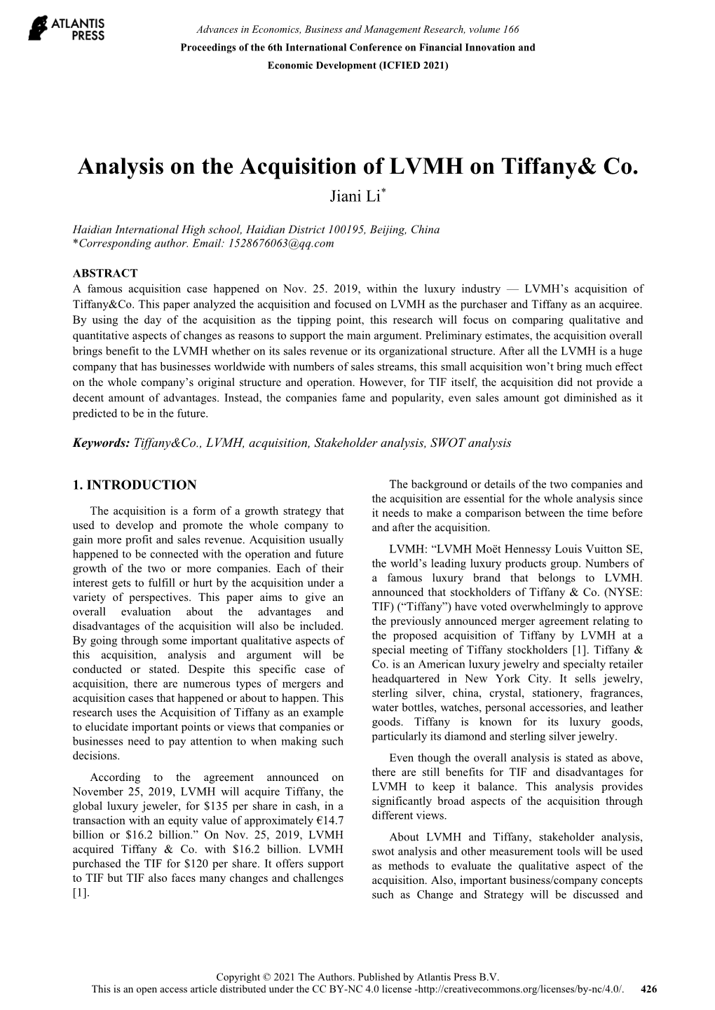 Analysis on the Acquisition of LVMH on Tiffany&