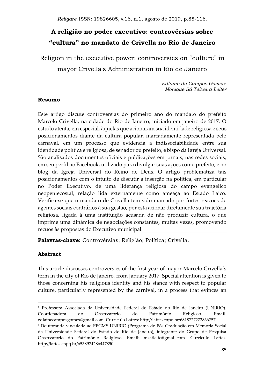 A Religião No Poder Executivo: Controvérsias Sobre “Cultura” No Mandato De Crivella No Rio De Janeiro