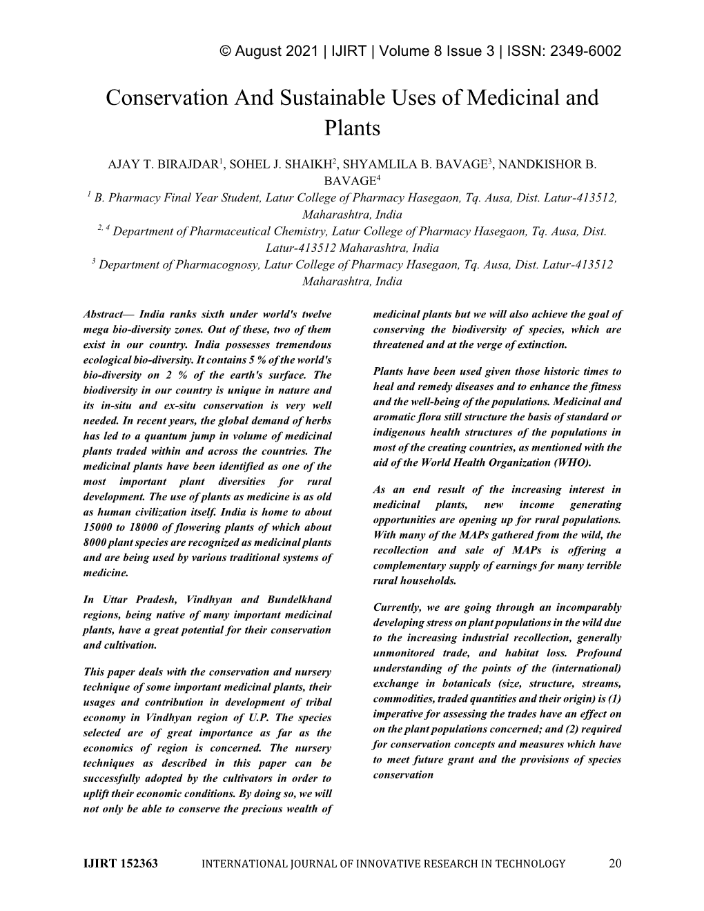Conservation and Sustainable Uses of Medicinal and Plants