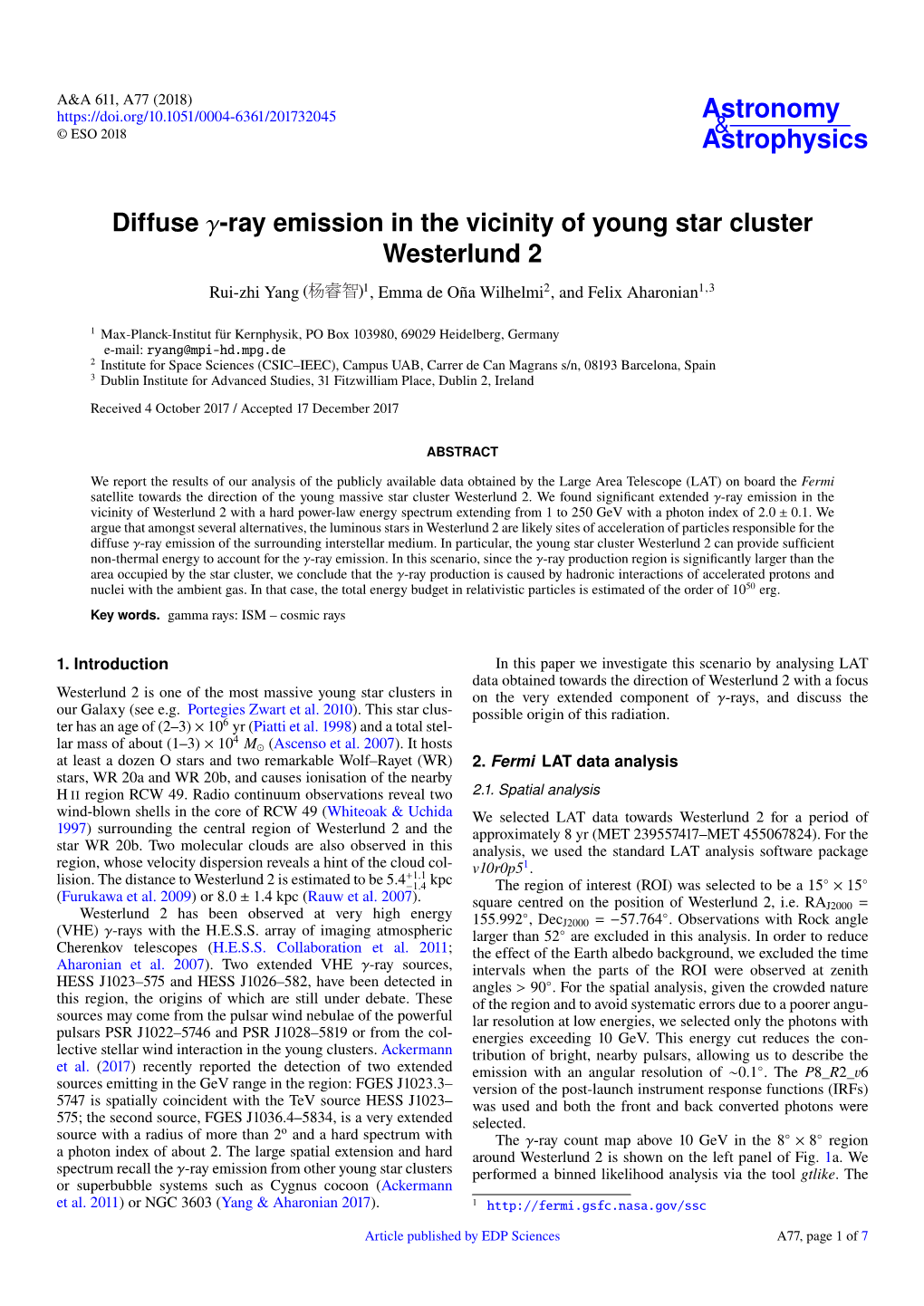 Diffuse Γ-Ray Emission in the Vicinity of Young Star Cluster Westerlund 2 Rui-Zhi Yang 1, Emma De Oña Wilhelmi2, and Felix Aharonian1,3