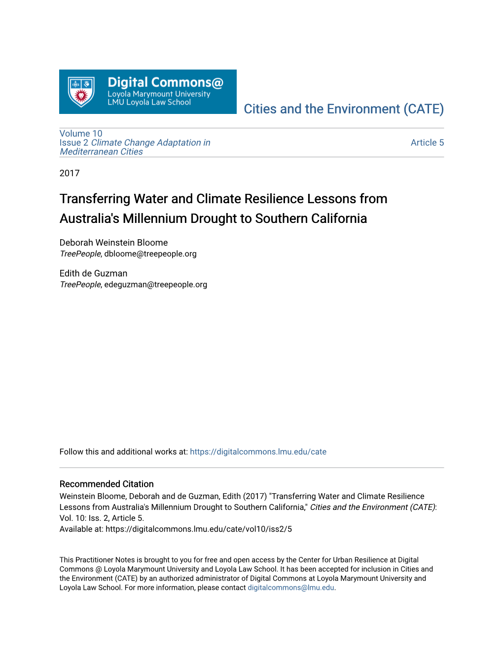 Transferring Water and Climate Resilience Lessons from Australia's Millennium Drought to Southern California