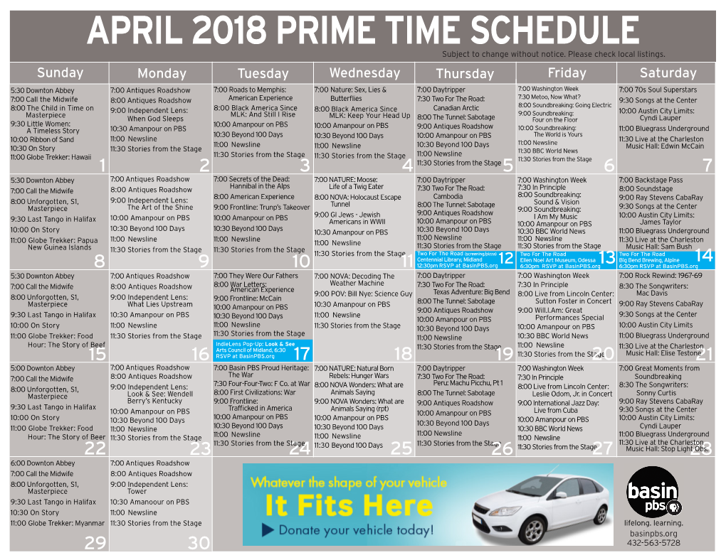 APRIL 2018 PRIME TIME SCHEDULE Subject to Change Without Notice