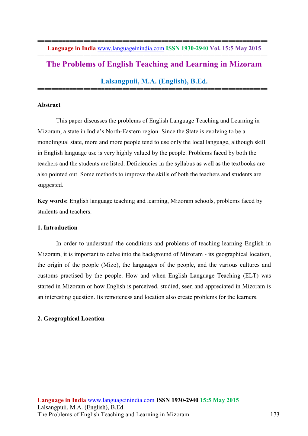 The Problems of English Teaching and Learning in Mizoram