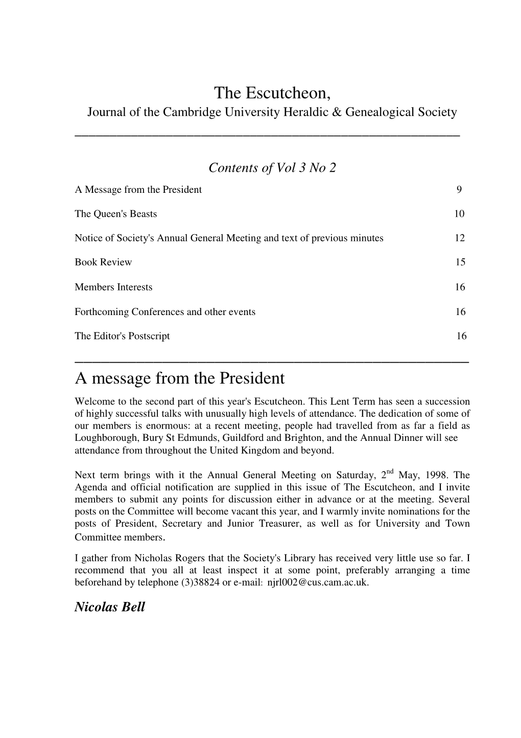 The Escutcheon, Journal of the Cambridge University Heraldic & Genealogical Society ______