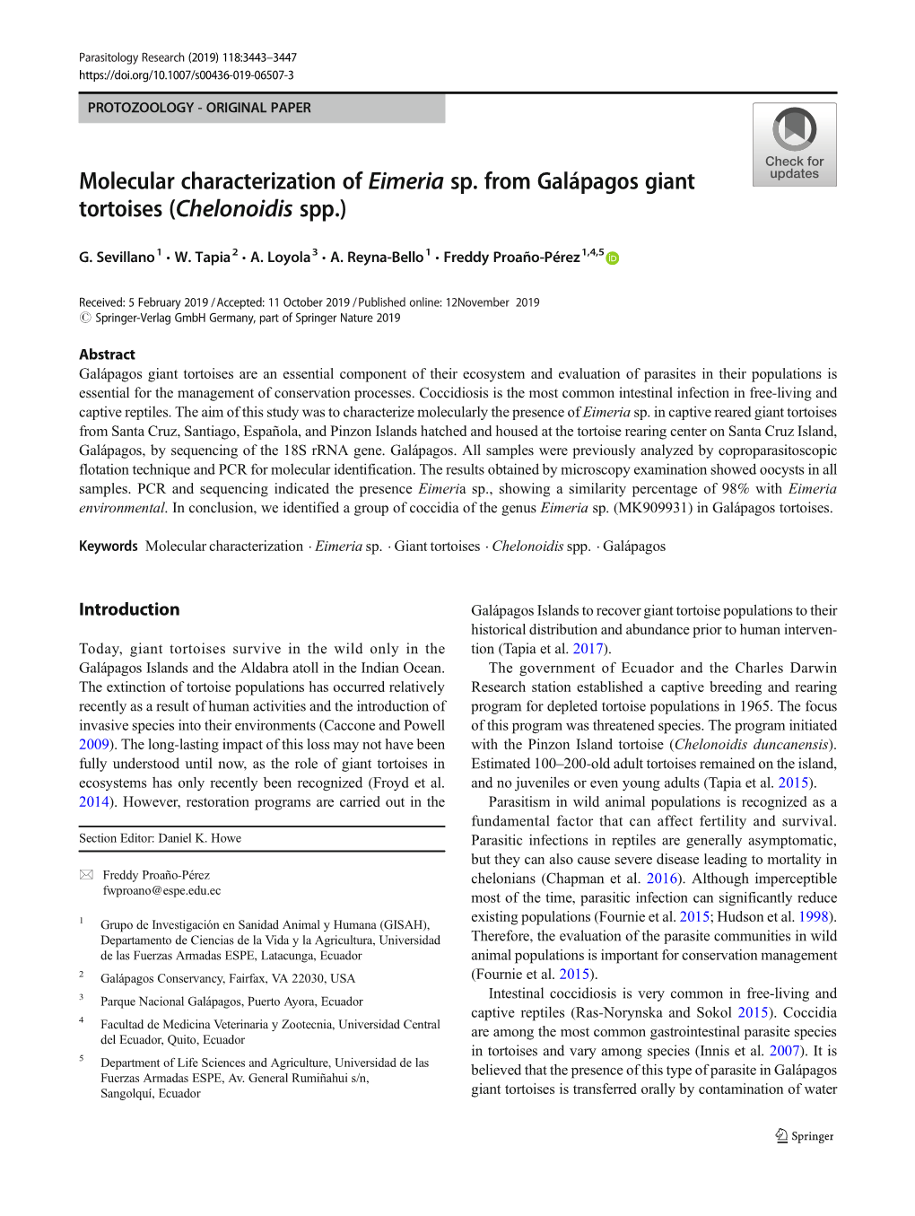 Molecular Characterization of Eimeria Sp. from Galápagos Giant Tortoises (Chelonoidis Spp.)