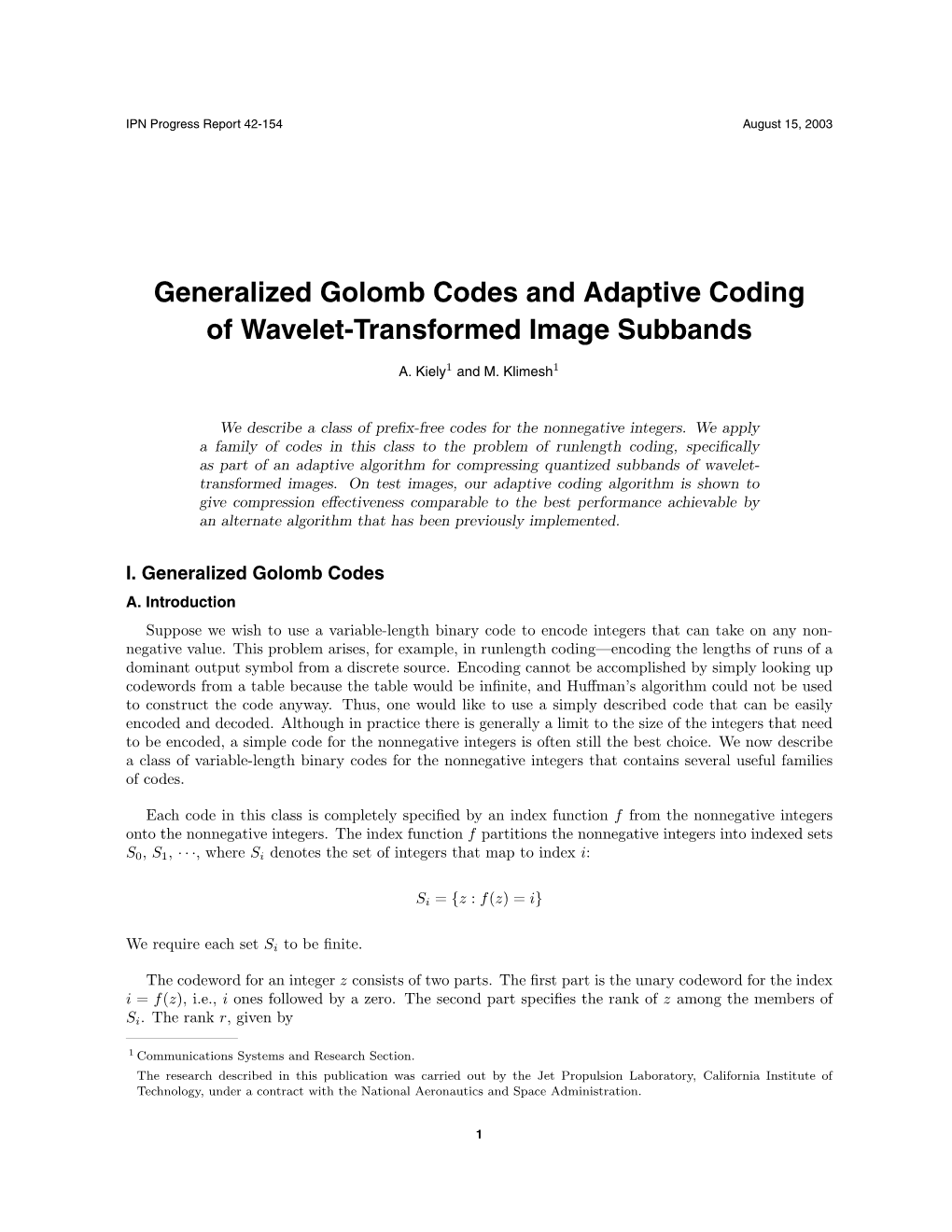 Generalized Golomb Codes and Adaptive Coding of Wavelet-Transformed Image Subbands