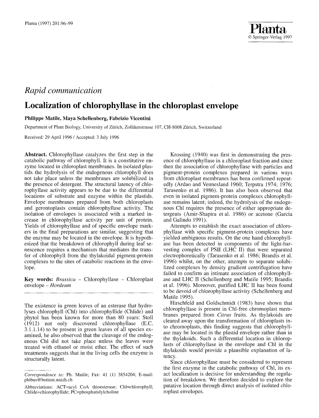 Localization of Chlorophyllase in the Chloroplast Envelope