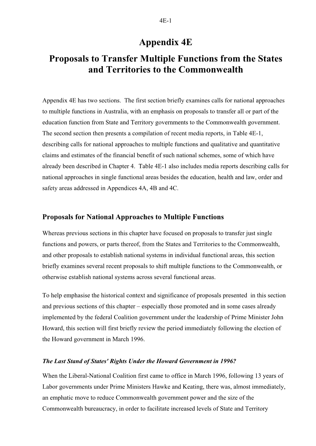 Appendix 4E Proposals to Transfer Multiple Functions from the States and Territories to the Commonwealth
