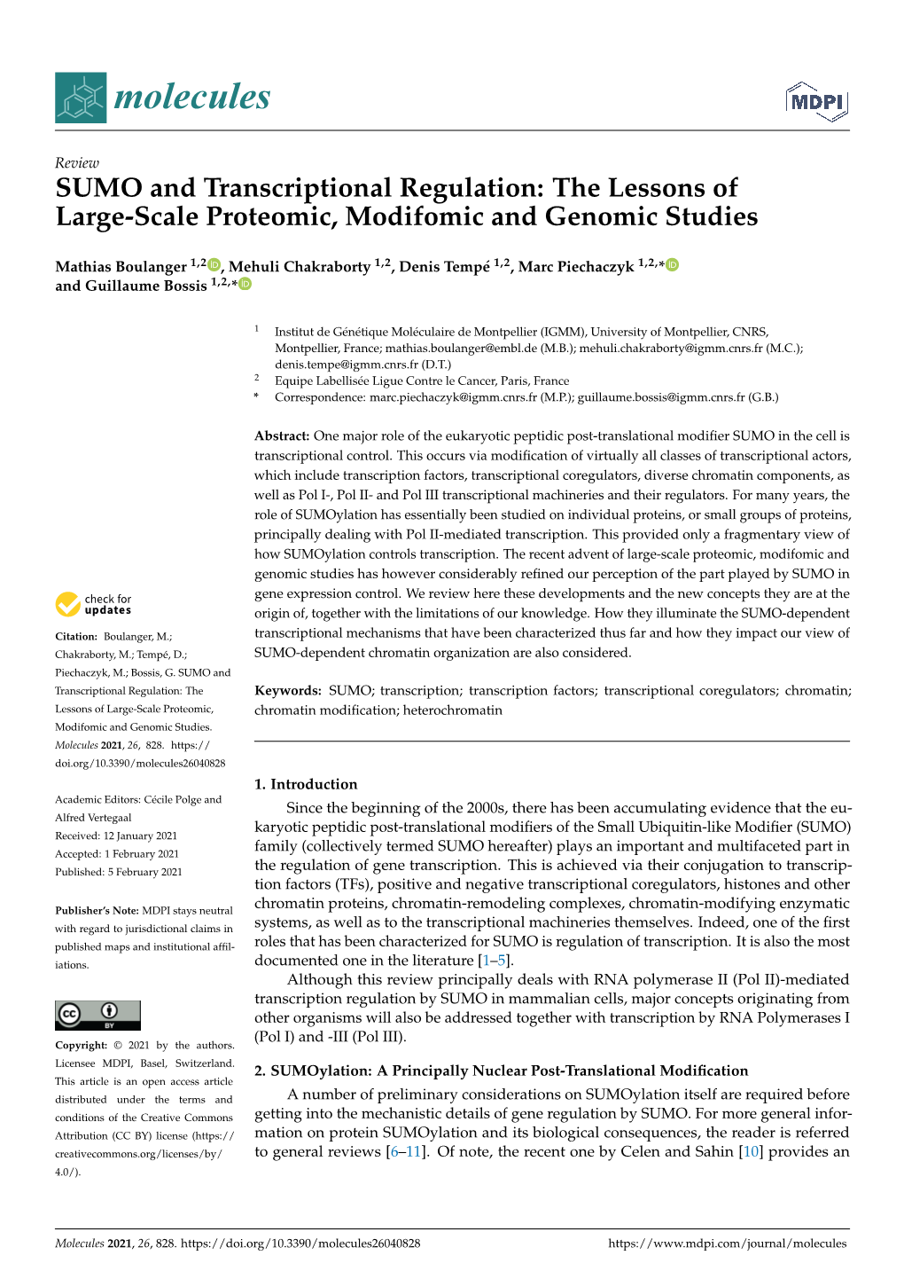 SUMO and Transcriptional Regulation: the Lessons of Large-Scale Proteomic, Modifomic and Genomic Studies