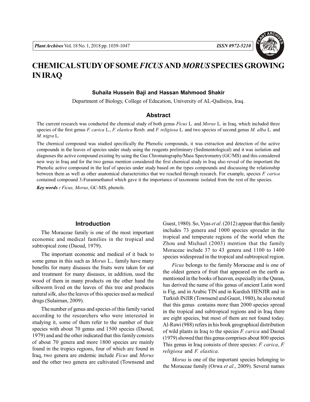 Chemical Study of Some Ficus and Morus Species Growing in Iraq