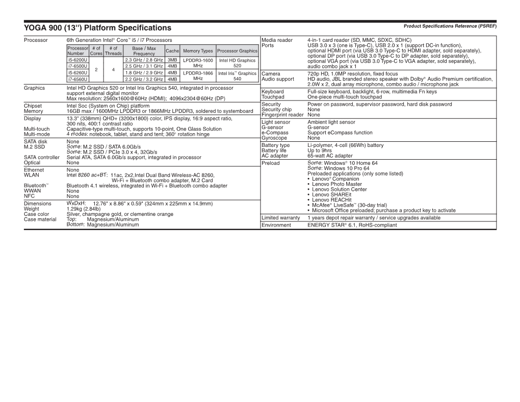 YOGA 900 (13'') Platform Specifications