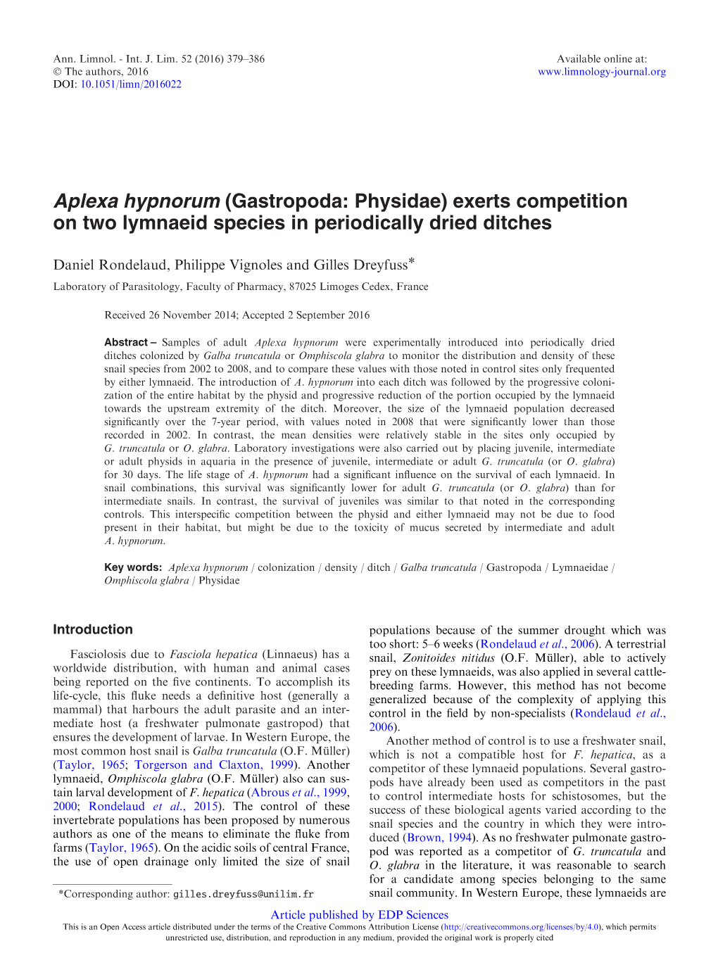 Aplexa Hypnorum (Gastropoda: Physidae) Exerts Competition on Two Lymnaeid Species in Periodically Dried Ditches