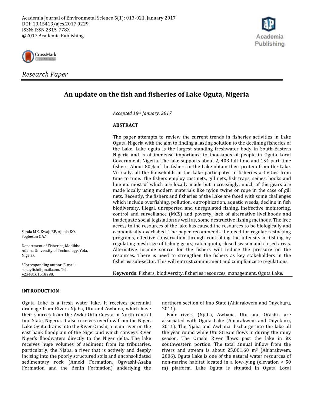 Research Paper an Update on the Fish and Fisheries of Lake Oguta, Nigeria
