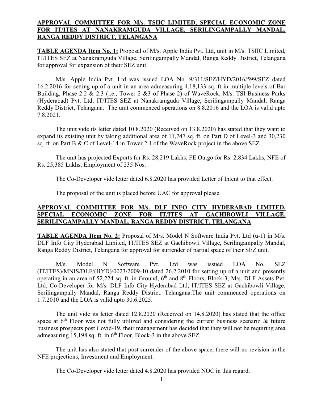 1 APPROVAL COMMITTEE for M/S. TSIIC LIMITED, SPECIAL